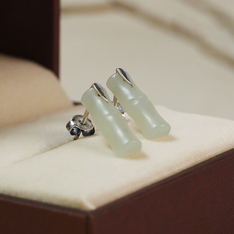 Pendientes de plata de ley 925 con hojas de jade hetiano y bambú con piedras de Buddha Stones - Mate de jade hetiano (postes de plata de ley 925) - Hojas largas de bambú - image 9