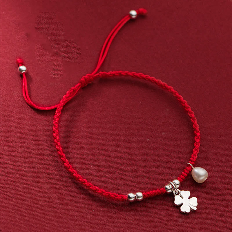 Pulsera retro Buddha Stones de plata de ley 925 con trébol de cuatro hojas, perla y hilo rojo de la suerte - Plata de ley 925 (circunferencia de la muñeca: 15-18 cm) - image 0
