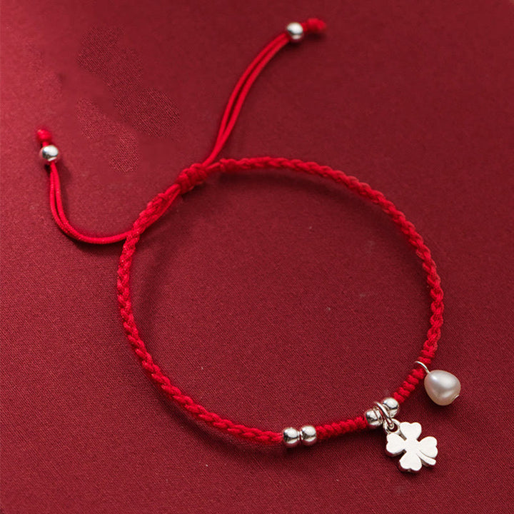 Pulsera retro Buddha Stones de plata de ley 925 con trébol de cuatro hojas, perla y hilo rojo de la suerte - Plata de ley 925 (circunferencia de la muñeca: 15-18 cm) - image 0