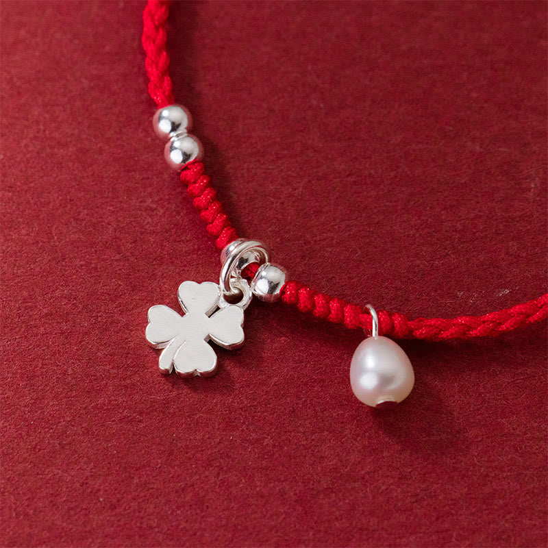 Pulsera retro Buddha Stones de plata de ley 925 con trébol de cuatro hojas, perla y hilo rojo de la suerte - image 4