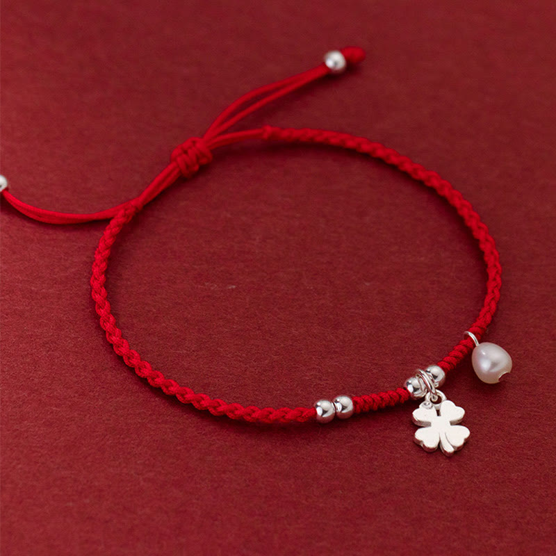 Pulsera retro Buddha Stones de plata de ley 925 con trébol de cuatro hojas, perla y hilo rojo de la suerte - image 2