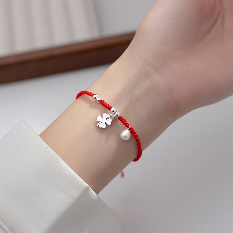 Pulsera retro Buddha Stones de plata de ley 925 con trébol de cuatro hojas, perla y hilo rojo de la suerte - image 10