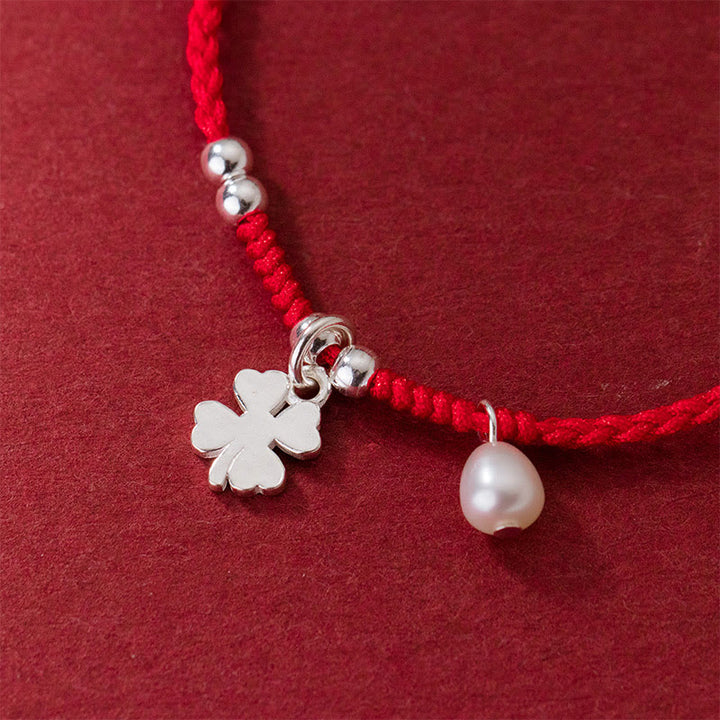 Pulsera retro Buddha Stones de plata de ley 925 con trébol de cuatro hojas, perla y hilo rojo de la suerte - image 3