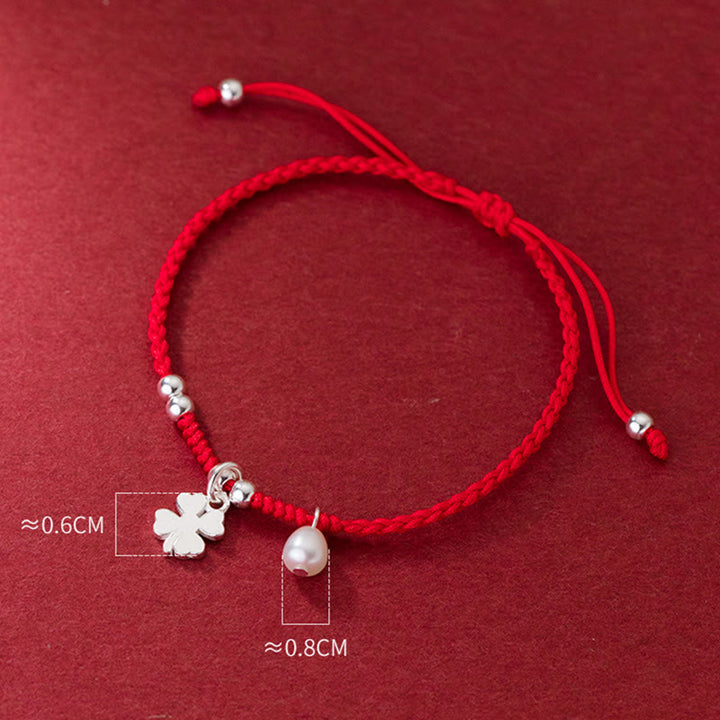 Pulsera retro Buddha Stones de plata de ley 925 con trébol de cuatro hojas, perla y hilo rojo de la suerte - image 9