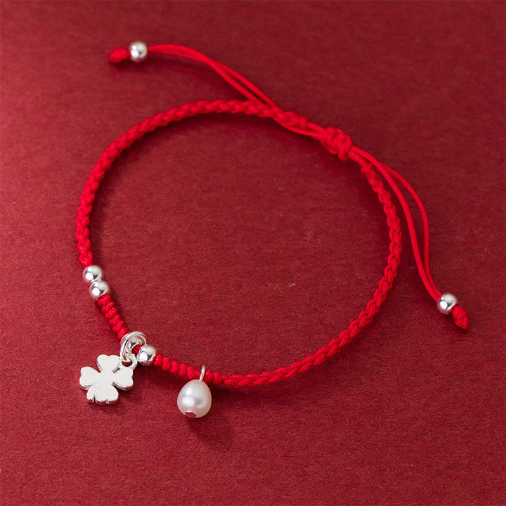 Pulsera retro Buddha Stones de plata de ley 925 con trébol de cuatro hojas, perla y hilo rojo de la suerte - image 1