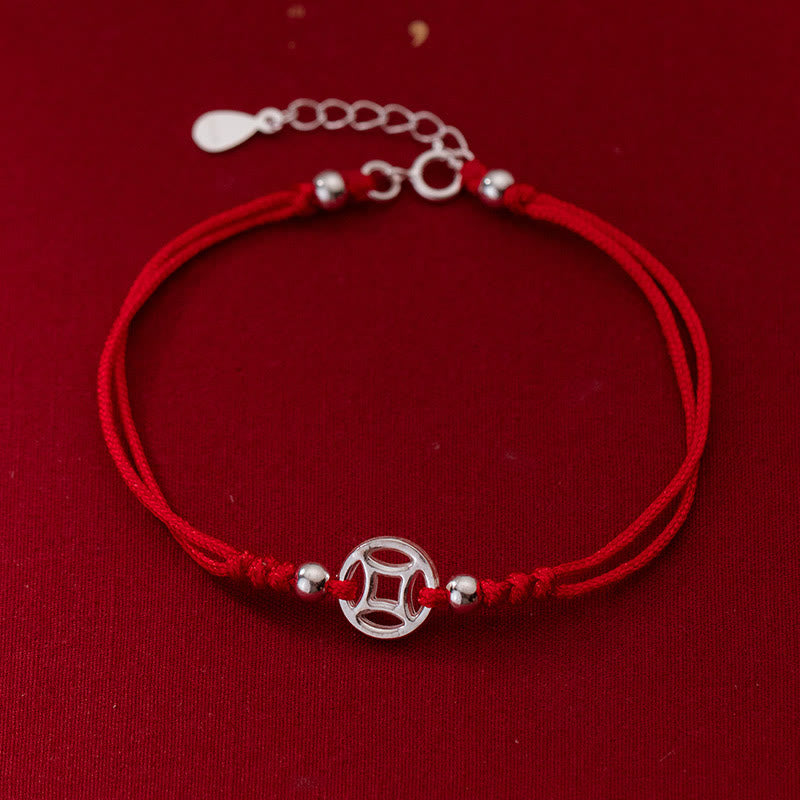 Pulsera de hilo de la suerte con monedas de cobre huecas de plata de ley 925 con Buddha Stones - Plata de ley 925 (circunferencia de la muñeca: 15-18 cm) - image 1