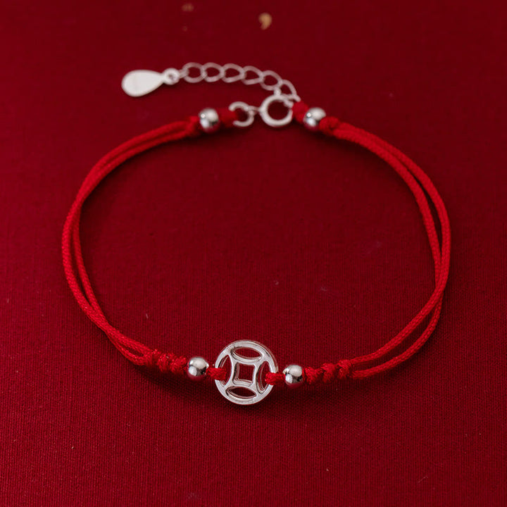 Pulsera de hilo de la suerte con monedas de cobre huecas de plata de ley 925 con Buddha Stones - Plata de ley 925 (circunferencia de la muñeca: 15-18 cm) - image 0