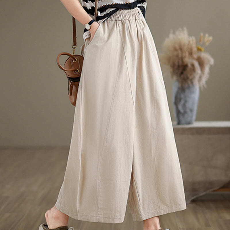 Pantalones casuales de algodón liso Buddha Stones para mujer, de pierna ancha, con bolsillos, tallas 7-8 - Beige - US8-10，UK/AU12-14，EU40-42 (2XL) - image 1