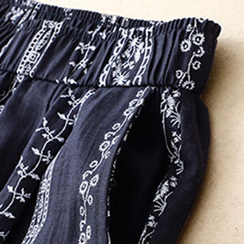 Pantalones anchos de lino y algodón con estampado vertical informal de Buddha Stones para mujer con bolsillos - image 1