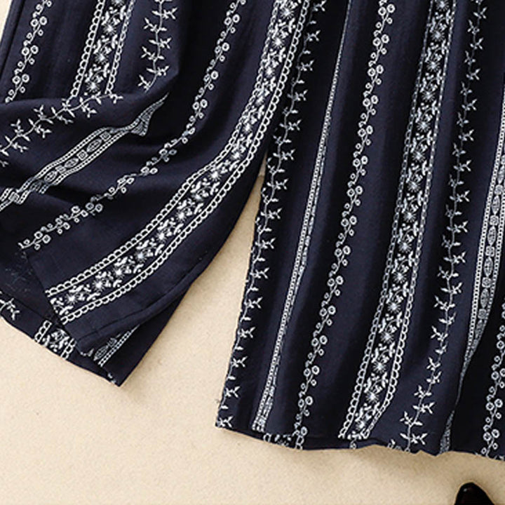 Pantalones anchos de lino y algodón con estampado vertical informal de Buddha Stones para mujer con bolsillos - image 2