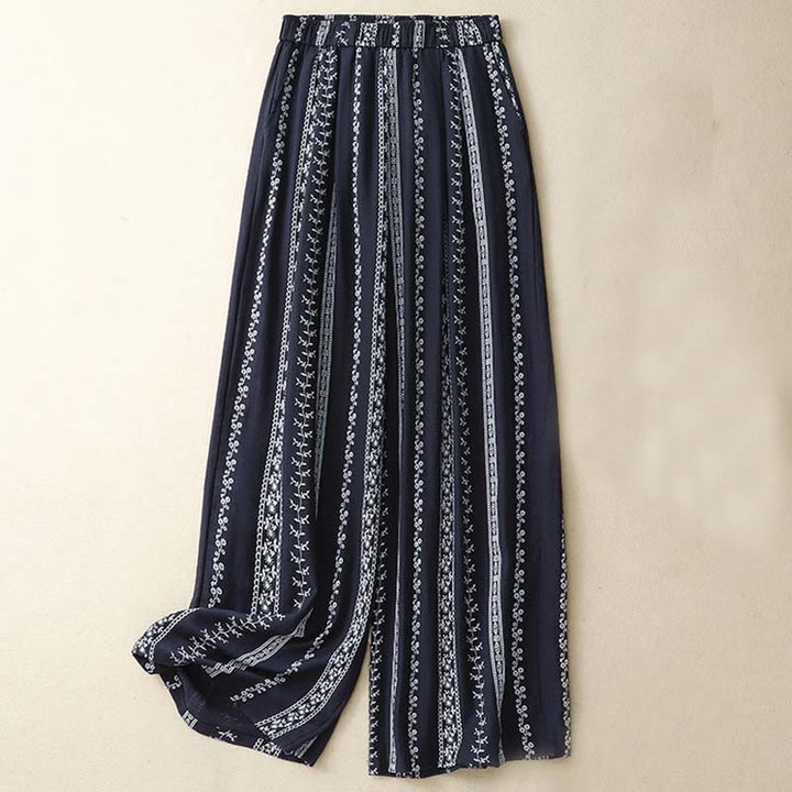 Pantalones anchos de lino y algodón con estampado vertical informal de Buddha Stones para mujer con bolsillos - Azul medianoche - US8-10，UK/AU12-14，EU40-42 (2XL) - image 1