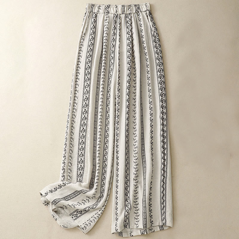 Pantalones anchos de lino y algodón con estampado vertical informal de Buddha Stones para mujer con bolsillos - Beige - US8-10，UK/AU12-14，EU40-42 (2XL) - image 5