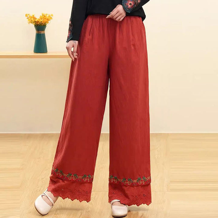 Pantalones anchos de lino y algodón con encaje bordado para mujer, informales, con bolsillos y estampados de Buddha Stones - Ladrillo refractario - US14, UK/AU18, EU46 (4XL) - image 1