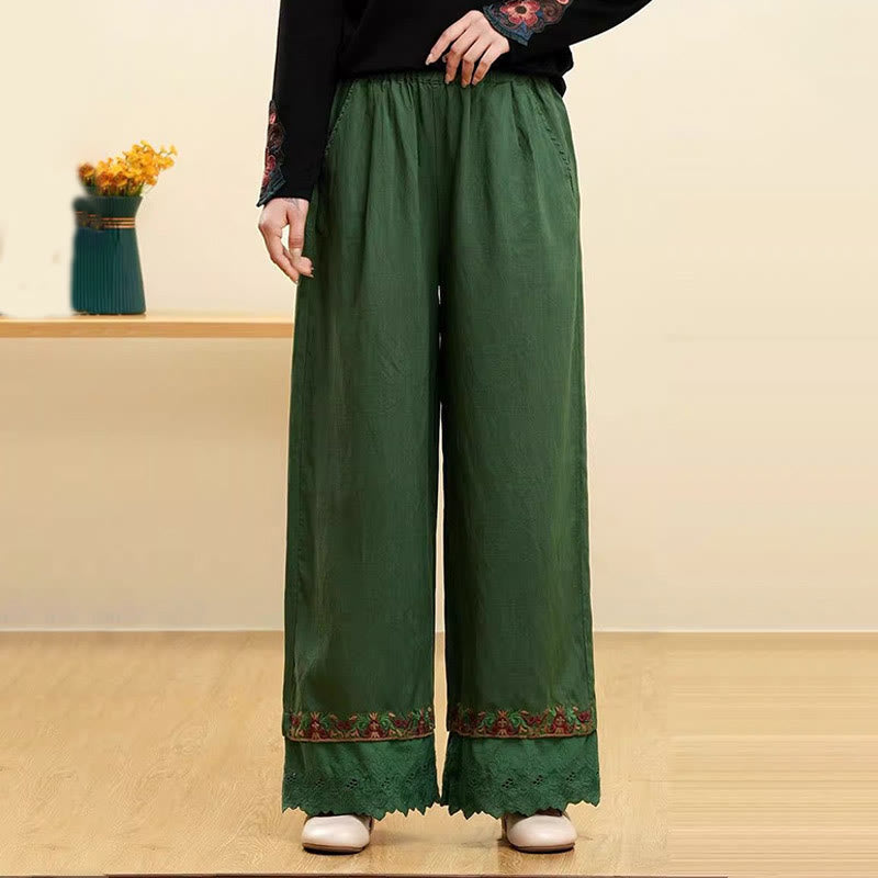 Pantalones anchos de lino y algodón con encaje bordado para mujer, informales, con bolsillos y estampados de Buddha Stones - Verde - US14, UK/AU18, EU46 (4XL) - image 3