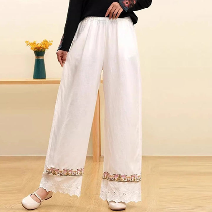 Pantalones anchos de lino y algodón con encaje bordado para mujer, informales, con bolsillos y estampados de Buddha Stones - Blanco - US14, UK/AU18, EU46 (4XL) - image 2