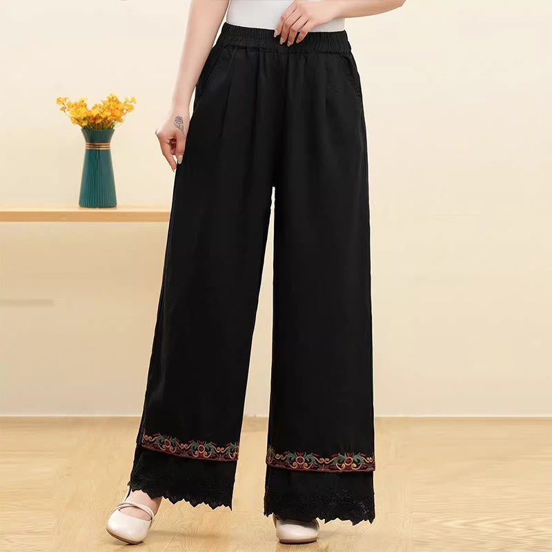Pantalones anchos de lino y algodón con encaje bordado para mujer, informales, con bolsillos y estampados de Buddha Stones - Negro - US14, UK/AU18, EU46 (4XL) - image 4