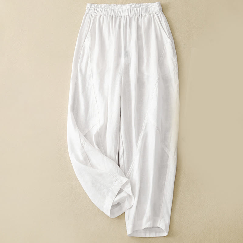 Pantalones cortos casuales lisos con Buddha Stones para mujer, estilo harem de lino con bolsillos. - Blanco - US8-10，UK/AU12-14，EU40-42 (2XL) - image 5