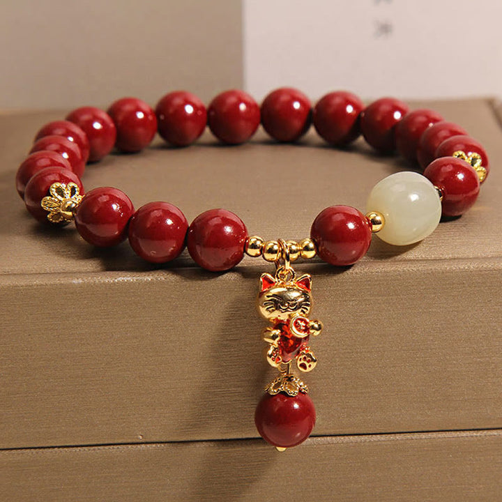 Pulsera de bendición de cinabrio con colgante de gato de la suerte natural con Buddha Stones - image 3