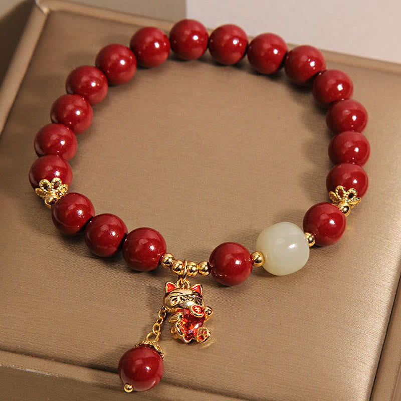 Pulsera de bendición de cinabrio con colgante de gato de la suerte natural con Buddha Stones - image 9