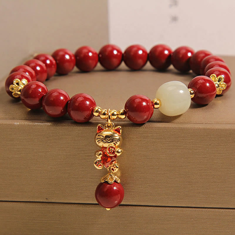 Pulsera de bendición de cinabrio con colgante de gato de la suerte natural con Buddha Stones - image 2