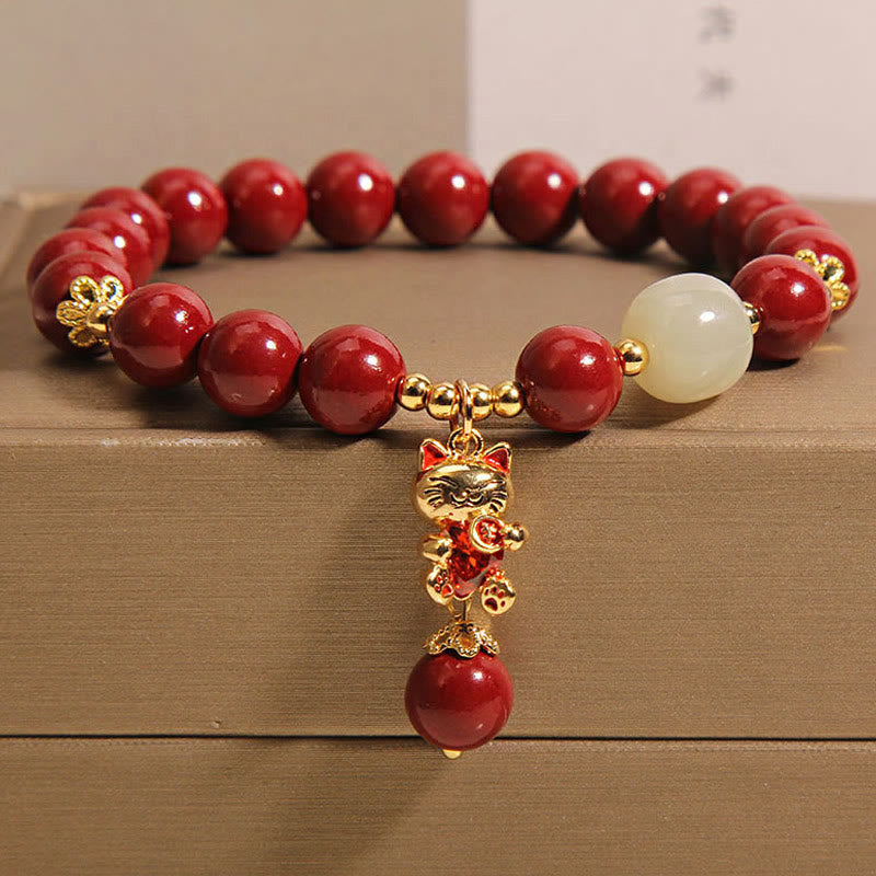 Pulsera de bendición de cinabrio con colgante de gato de la suerte natural con Buddha Stones - Cinabrio (circunferencia de la muñeca: 16-18 cm) - image 1