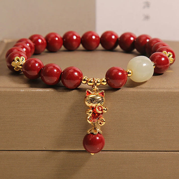 Pulsera de bendición de cinabrio con colgante de gato de la suerte natural con Buddha Stones - Cinabrio (circunferencia de la muñeca: 16-18 cm) - image 1