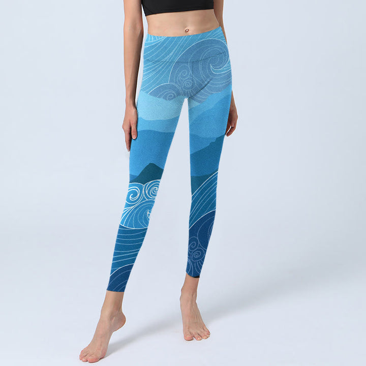 Leggings de yoga para mujer con estampado de montañas, olas azules y Buddha Stones - image 5