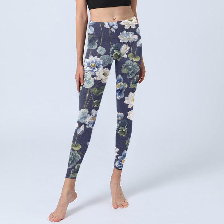 Leggings de yoga para mujer con estampado de pintura al óleo de flores de loto azules y blancas y Buddha Stones - image 5