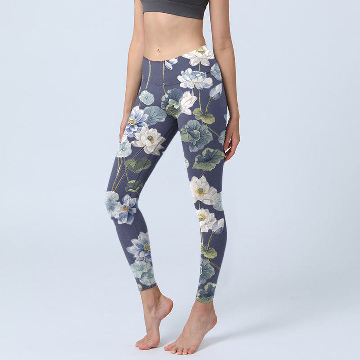Leggings de yoga para mujer con estampado de pintura al óleo de flores de loto azules y blancas y Buddha Stones - Azul acero - US18，UK/AU22，EU50 (4XL) - image 1