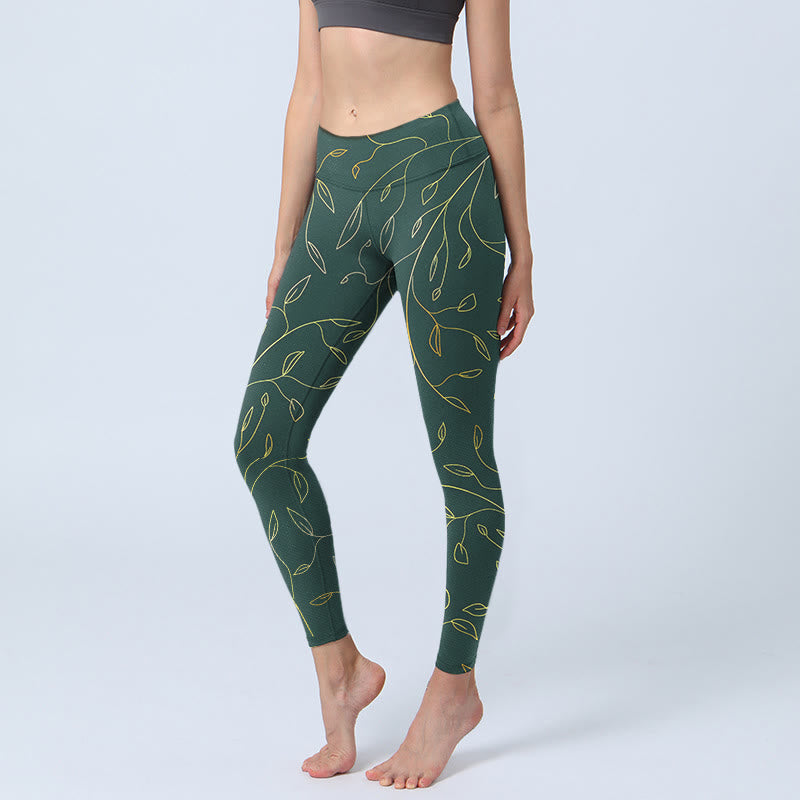 Leggings de yoga para mujer con estampado de hojas verdes doradas y ramas de Buddha Stones - Verdemar - US18，UK/AU22，EU50 (4XL) - image 1