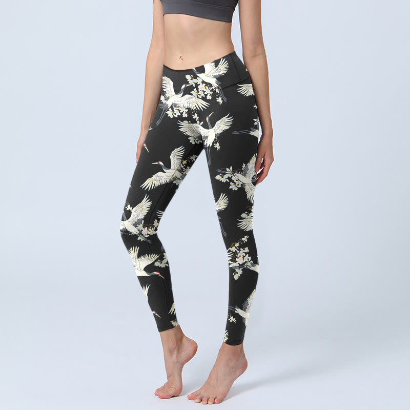 Leggings de yoga para mujer con estampado de grullas blancas, flores y piedras de Buddha Stones - Negro - US18，UK/AU22，EU50 (4XL) - image 0