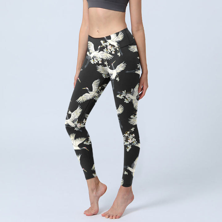 Leggings de yoga para mujer con estampado de grullas blancas, flores y piedras de Buddha Stones - Negro - US18，UK/AU22，EU50 (4XL) - image 0