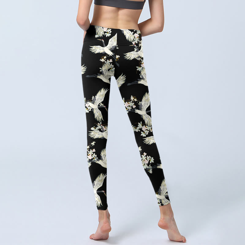 Leggings de yoga para mujer con estampado de grullas blancas, flores y piedras de Buddha Stones - image 6
