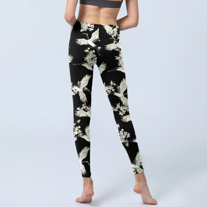 Leggings de yoga para mujer con estampado de grullas blancas, flores y piedras de Buddha Stones - image 6