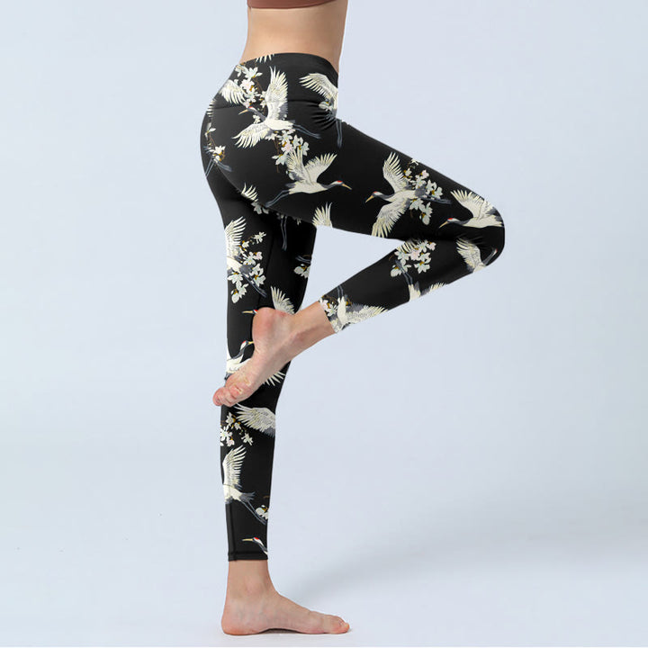 Leggings de yoga para mujer con estampado de grullas blancas, flores y piedras de Buddha Stones - image 4