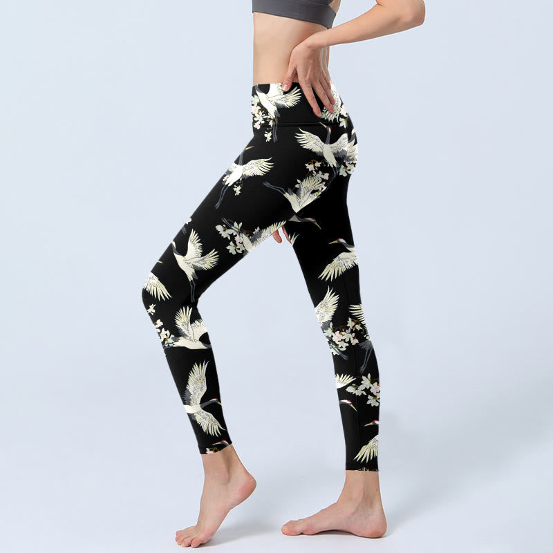 Leggings de yoga para mujer con estampado de grullas blancas, flores y piedras de Buddha Stones - image 2