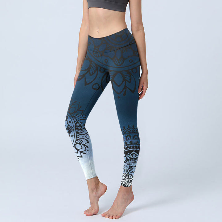 Leggings de yoga para mujer con estampado de mandala circular y flores de Buddha Stones - Azul acero - US18，UK/AU22，EU50 (4XL) - image 0