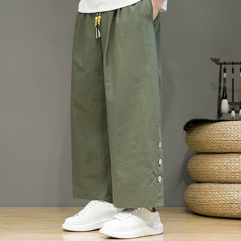 Pantalones rectos de lino con botones y cordón para hombre, de color liso, con Buddha Stones y bolsillos - image 26