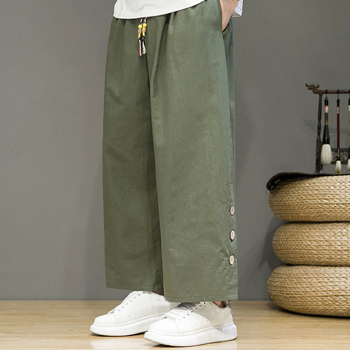 Pantalones rectos de lino con botones y cordón para hombre, de color liso, con Buddha Stones y bolsillos - image 26