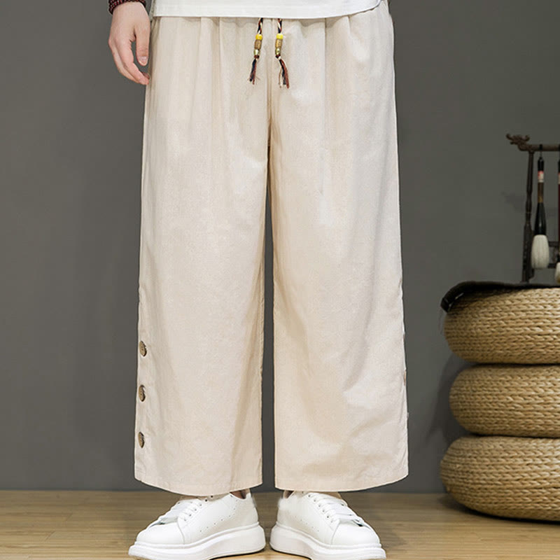 Pantalones rectos de lino con botones y cordón para hombre, de color liso, con Buddha Stones y bolsillos - image 1