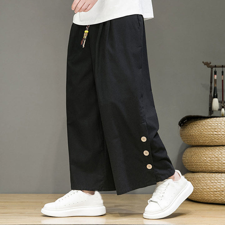 Pantalones rectos de lino con botones y cordón para hombre, de color liso, con Buddha Stones y bolsillos - Negro - US/UK/AU46, EU56 (5XL) - image 7