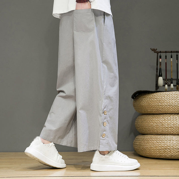 Pantalones rectos de lino con botones y cordón para hombre, de color liso, con Buddha Stones y bolsillos - image 18