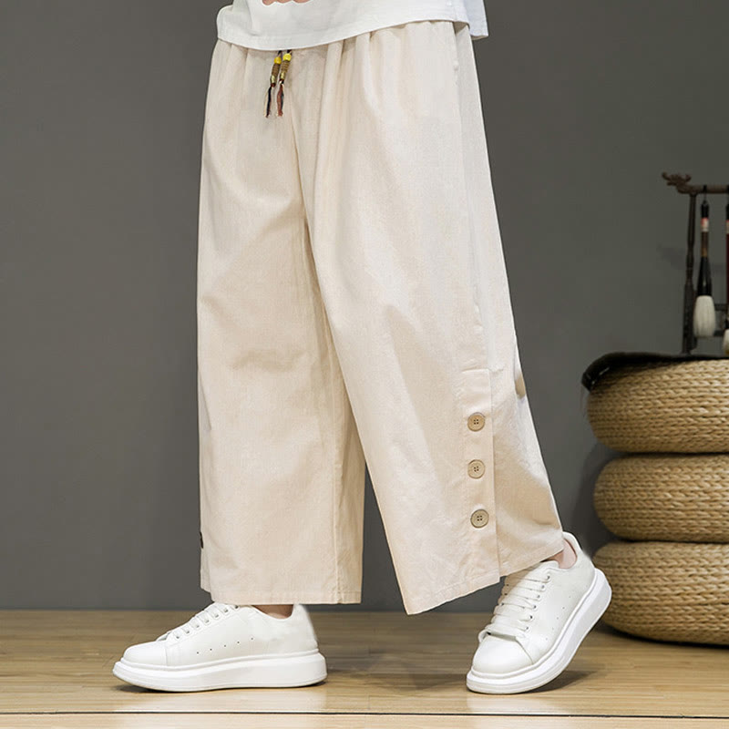 Pantalones rectos de lino con botones y cordón para hombre, de color liso, con Buddha Stones y bolsillos - Beige - US/UK/AU46, EU56 (5XL) - image 0
