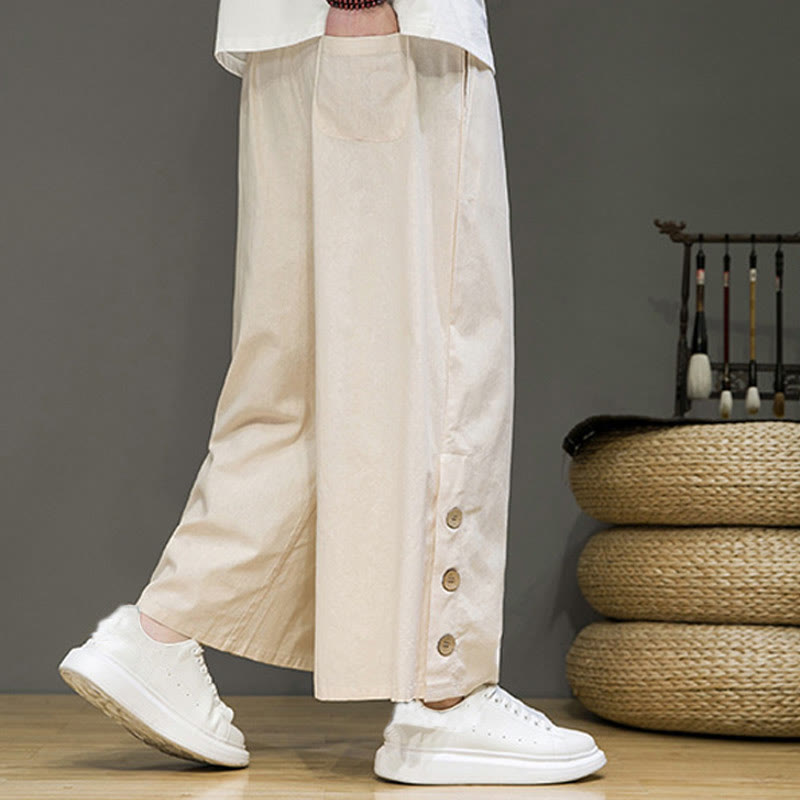Pantalones rectos de lino con botones y cordón para hombre, de color liso, con Buddha Stones y bolsillos - image 3