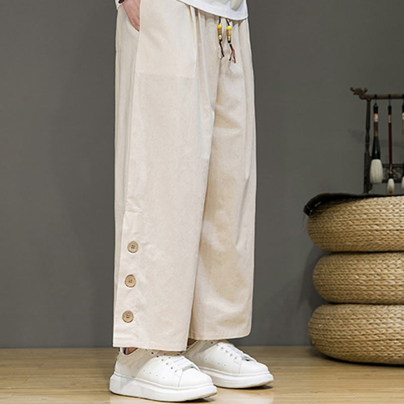Pantalones rectos de lino con botones y cordón para hombre, de color liso, con Buddha Stones y bolsillos - image 2