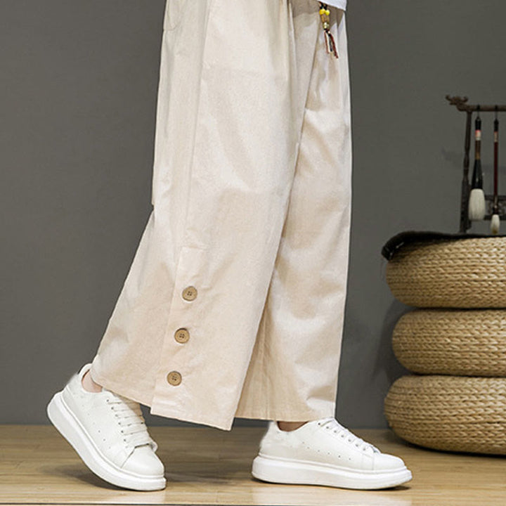 Pantalones rectos de lino con botones y cordón para hombre, de color liso, con Buddha Stones y bolsillos - image 5