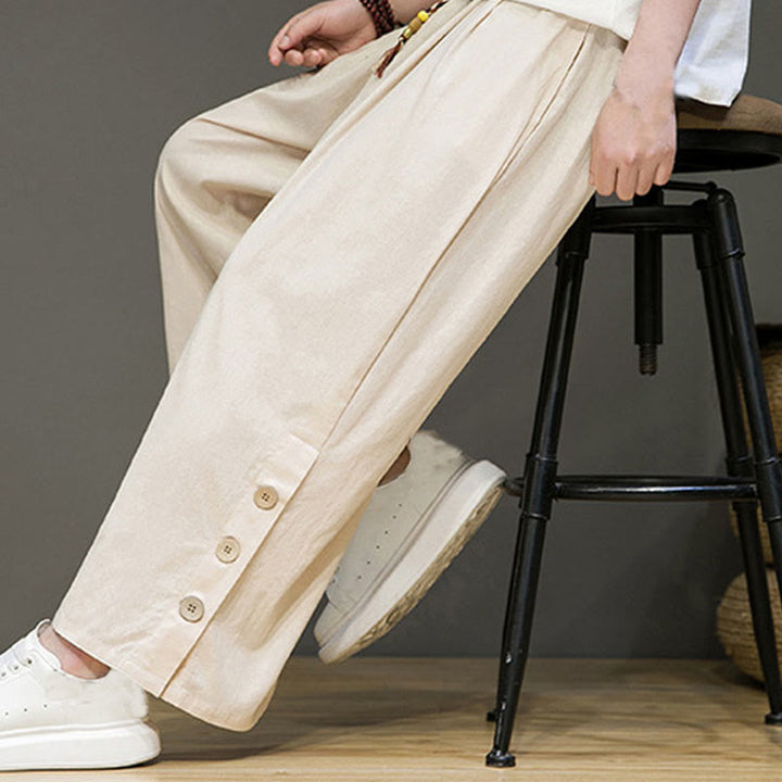 Pantalones rectos de lino con botones y cordón para hombre, de color liso, con Buddha Stones y bolsillos - image 6