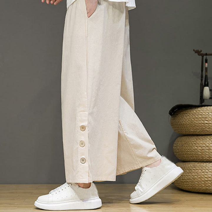 Pantalones rectos de lino con botones y cordón para hombre, de color liso, con Buddha Stones y bolsillos - image 4