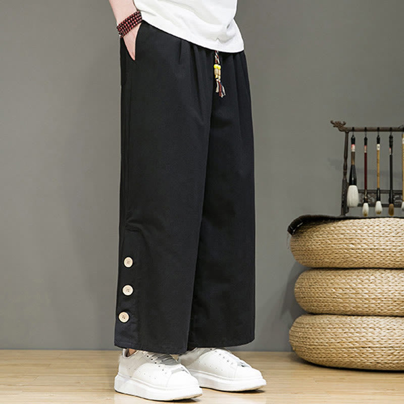 Pantalones rectos de lino con botones y cordón para hombre, de color liso, con Buddha Stones y bolsillos - image 12