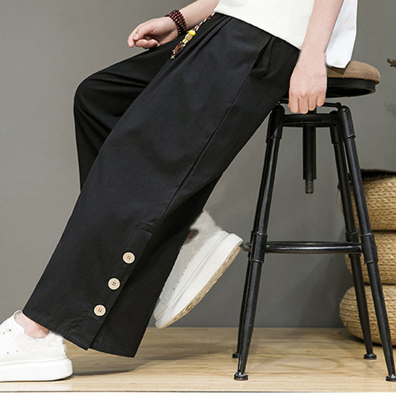 Pantalones rectos de lino con botones y cordón para hombre, de color liso, con Buddha Stones y bolsillos - image 14